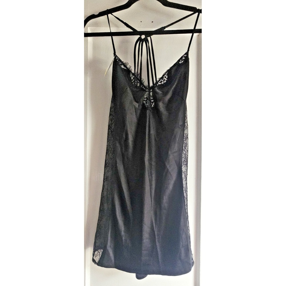 NWT black BOW chemise mini slip dress racer back laced M black